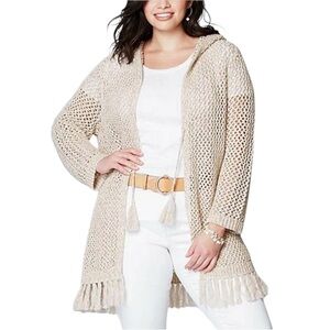 J. Jill cardigan Cream Hooded open knit crochet fringe xl coastal boho